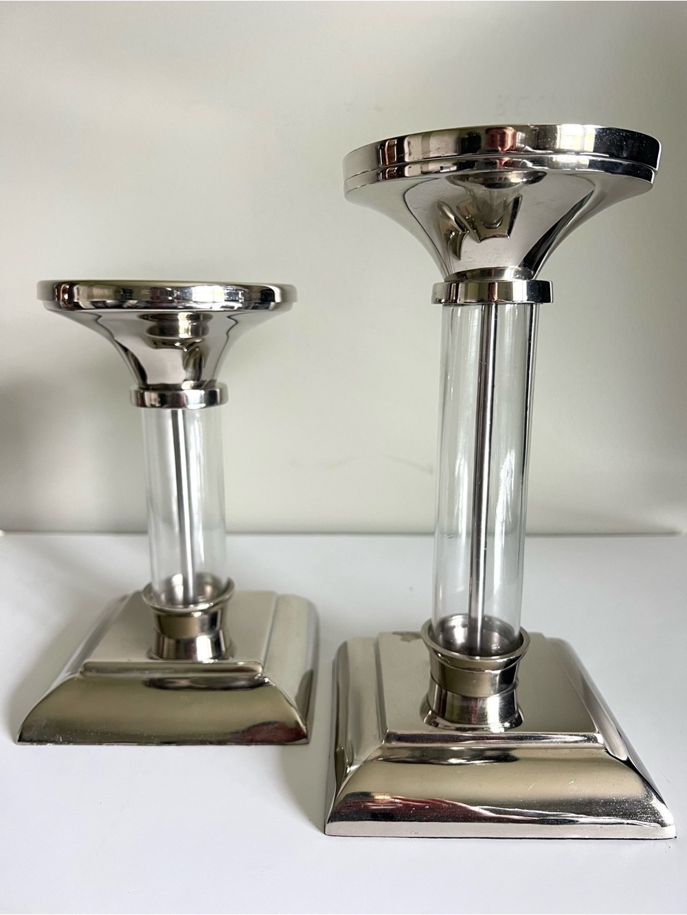 Pottery Barn Silver Plated Glass Column Candlestick Pair - 7.5” & 9.5”